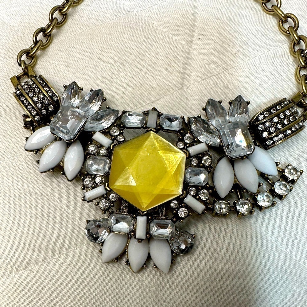 Statement Sliver Tone Brass Rhinestones Necklace Multicolor Stones